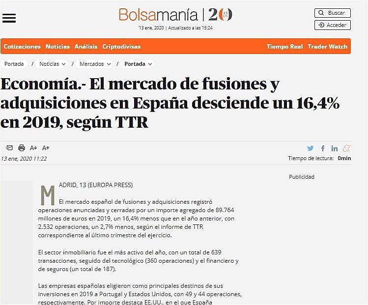 El mercado de fusiones y adquisiciones en Espaa desciende un 16,4% en 2019, segn TTR